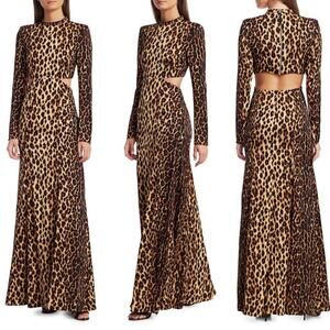 A.L.C. Gabriella Dress Leopard Stretch Silk Cutout Back Column DAMAGED Brown 0